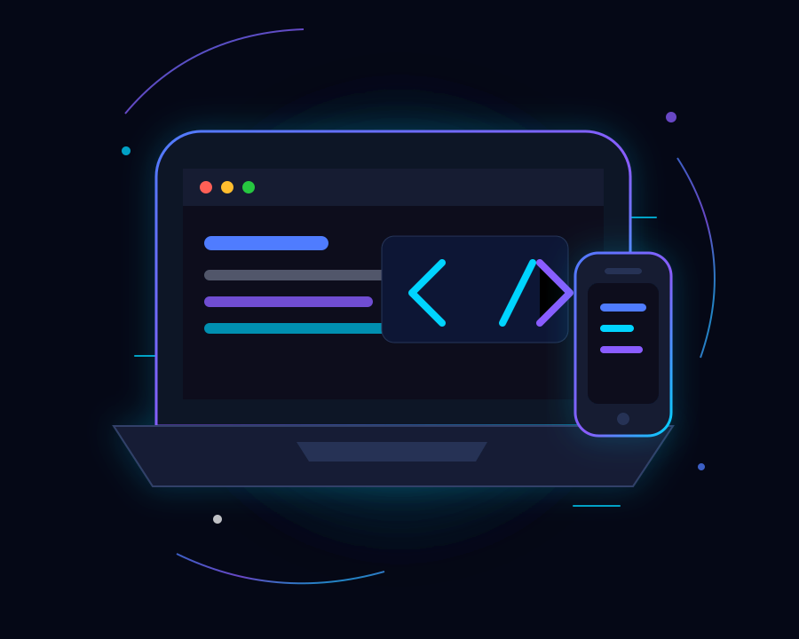 Ilustrasi laptop modern, code editor, dan smartphone